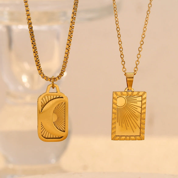 Wholesale Geometric Pendant Necklace For Women Stainless Steel 18K Gold Plated With Carved Moon Sun Design Electroplated
