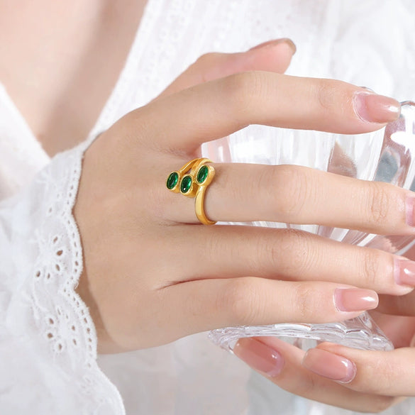 Wholesale Geometric Retro Small Color Glass Stone Inlaid Layered Stitching Electroplated Titanium Steel Open Ring Unisex