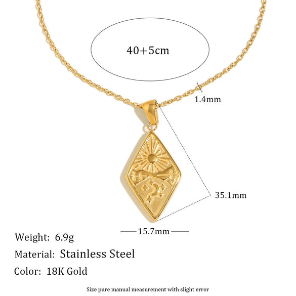Wholesale Geometric Retro Stylish Stainless Steel 18K Gold Plated Rhombus Sun And Moon Pendant Necklace For Women
