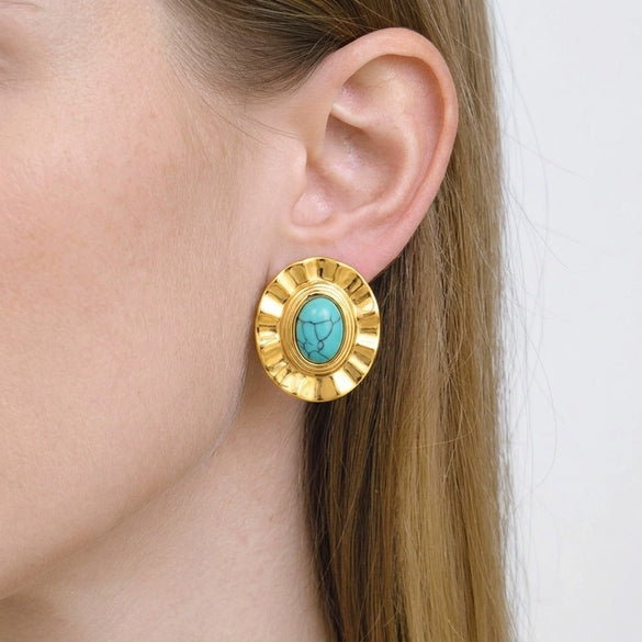 Wholesale Geometric Retro Turquoise Oval Stainless Steel Electroplated Earrings For Women