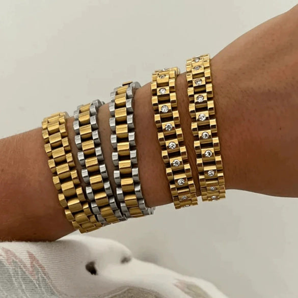 Wholesale Geometric Rhinestoneencrusted Imitation Pearl 18K Gold Plated Stainless Steel Bracelet For Women
