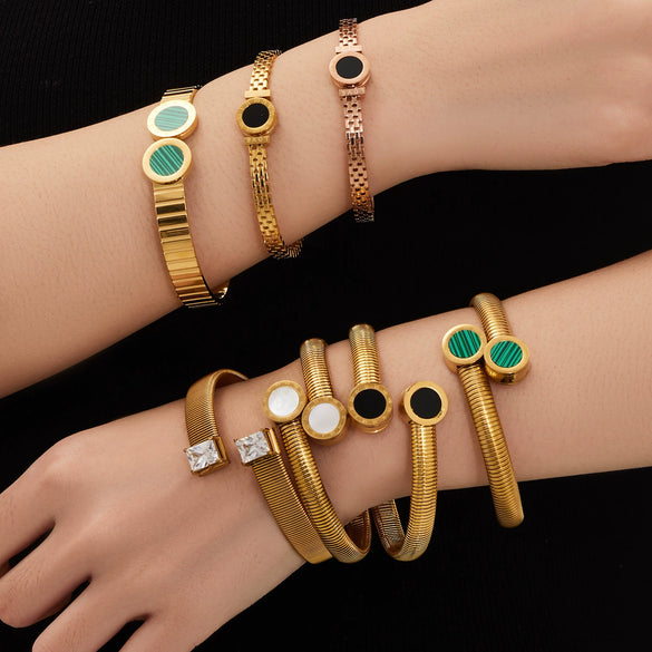Wholesale Geometric Roman Numeral Dial Stainless Steel Electroplated Open Bracelet Set