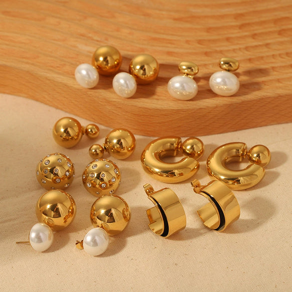 Wholesale Geometric Round Cshaped Stainless Steel Diamondencrusted Pearl Earrings Plated With 18K Gold For Women