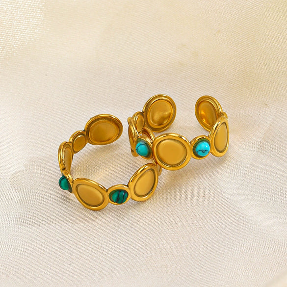 Wholesale Geometric Round Malachiteturquoise Inlaid Stainless Steel Electroplated Ring For Women