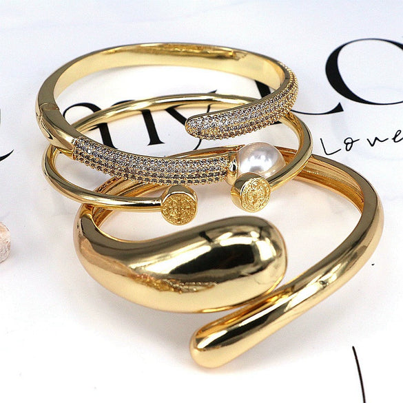 Wholesale Geometric Round Pearl Set Zircon Adjustable Bracelet Jewelry Copper 18K Gold Plated