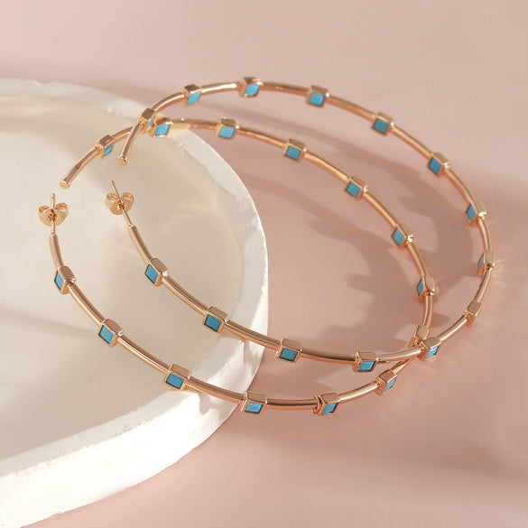 Wholesale Geometric Round Square Turquoise Design Exaggerated Bohemian Style Copper Earrings With Electroplating For Women