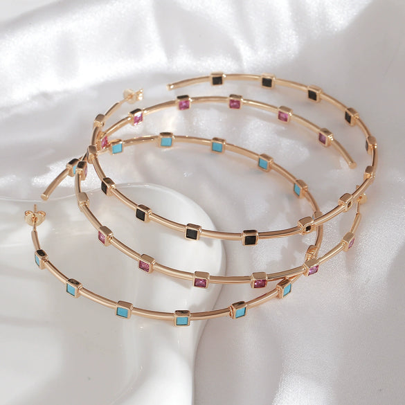 Wholesale Geometric Round Square Turquoise Design Exaggerated Bohemian Style Copper Earrings With Electroplating For Women