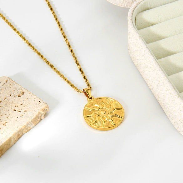 Wholesale Geometric Round Sunflower Totem Pendant Stainless Steel And Titanium Steel Necklace With Twist Chain Plated With 18K Gold For Women