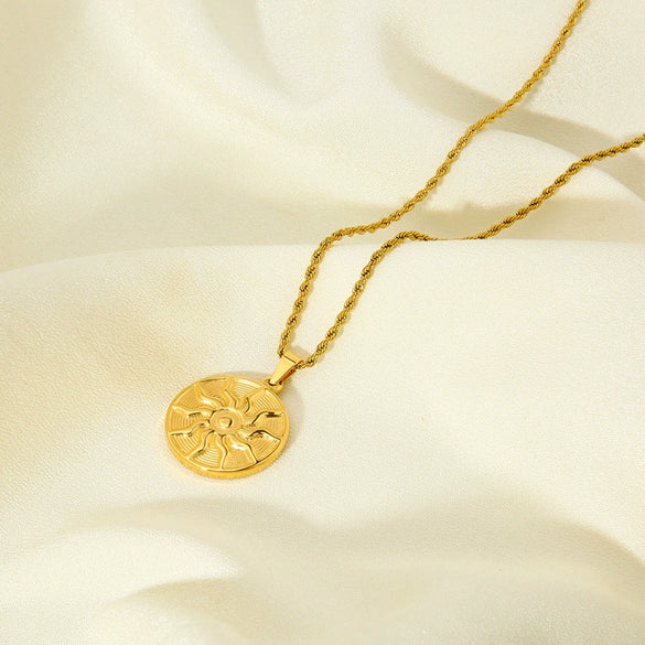 Wholesale Geometric Round Sunflower Totem Pendant Stainless Steel And Titanium Steel Necklace With Twist Chain Plated With 18K Gold For Women