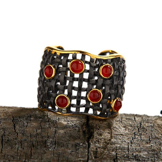 Wholesale Geometric S925 Sterling Silver Natural Agate Gem Inlaid Ring