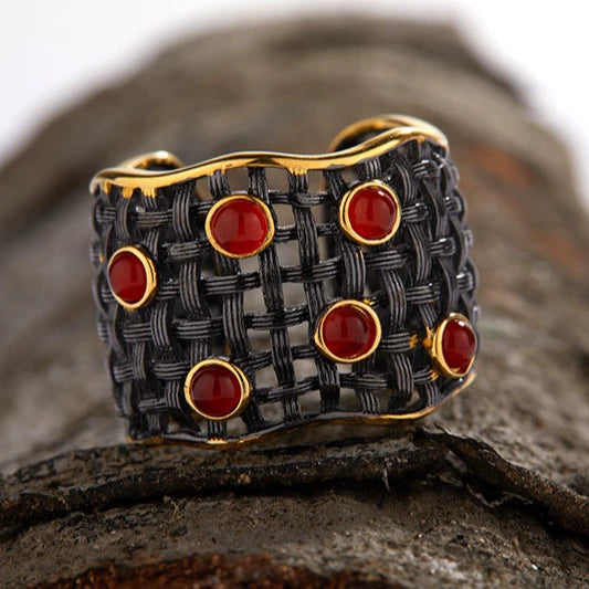 Wholesale Geometric S925 Sterling Silver Natural Agate Gem Inlaid Ring