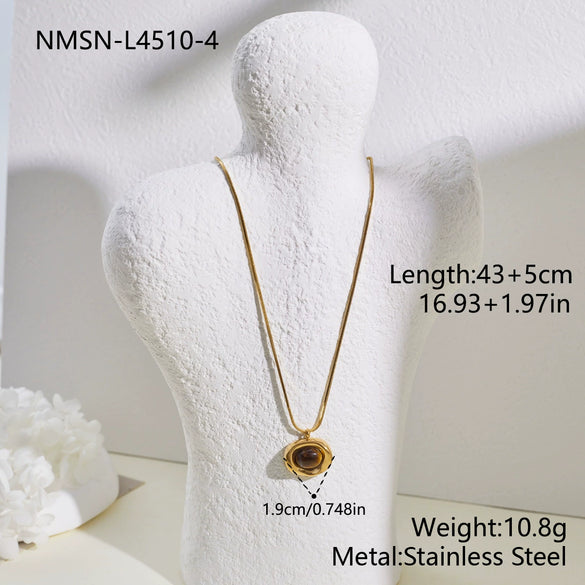 Wholesale Geometric Shaped Stainless Steel And 18K Gold Electroplated Inlaid Tiger Eye Stone And Amethyst Necklace For Women