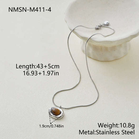Wholesale Geometric Shaped Stainless Steel And 18K Gold Electroplated Inlaid Tiger Eye Stone And Amethyst Necklace For Women