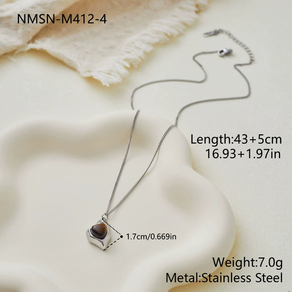 Wholesale Geometric Shaped Stainless Steel And 18K Gold Electroplated Inlaid Tiger Eye Stone And Amethyst Necklace For Women