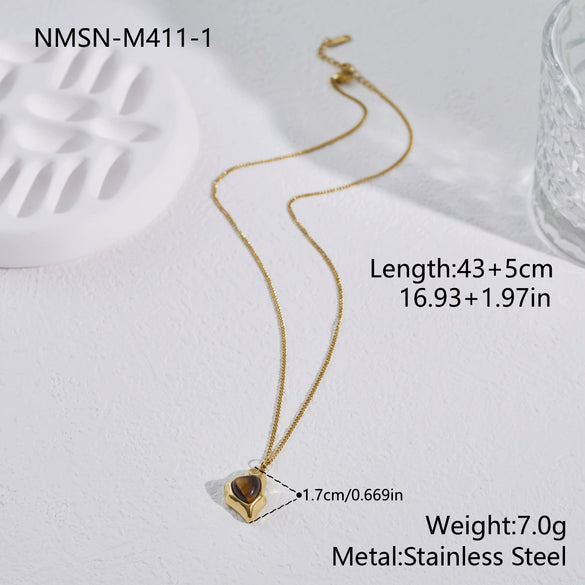 Wholesale Geometric Shaped Stainless Steel And 18K Gold Electroplated Inlaid Tiger Eye Stone And Amethyst Necklace For Women