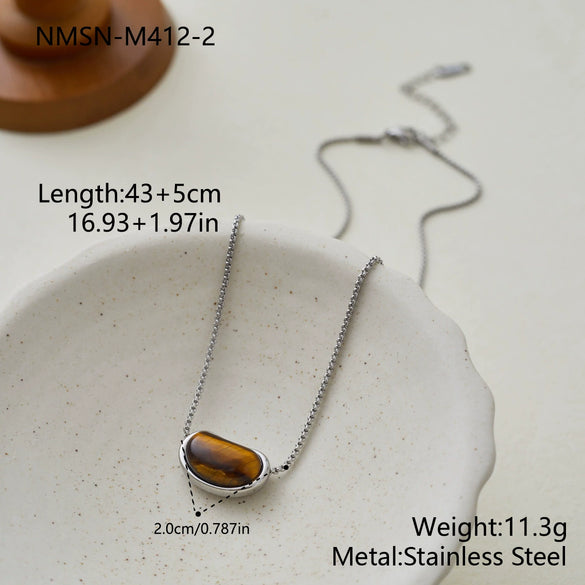 Wholesale Geometric Shaped Stainless Steel And 18K Gold Electroplated Inlaid Tiger Eye Stone And Amethyst Necklace For Women