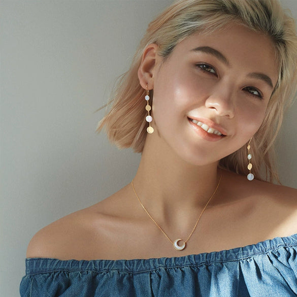 Wholesale Geometric Simple Electroplated S925 Silver White Zircon Moon Tassel Earrings For Women