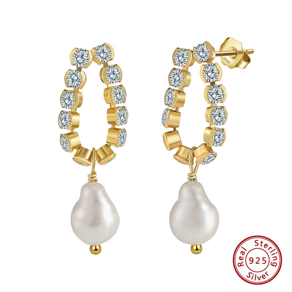 Wholesale Geometric Simple Natural 925 Sterling Silver Baroque Pearl Earrings With Electroplating For Women