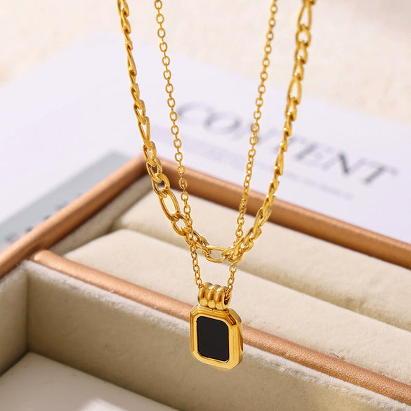 Wholesale Geometric Square Acrylic Pendant Double Stacked Titanium Steel Necklace Electroplated For Women