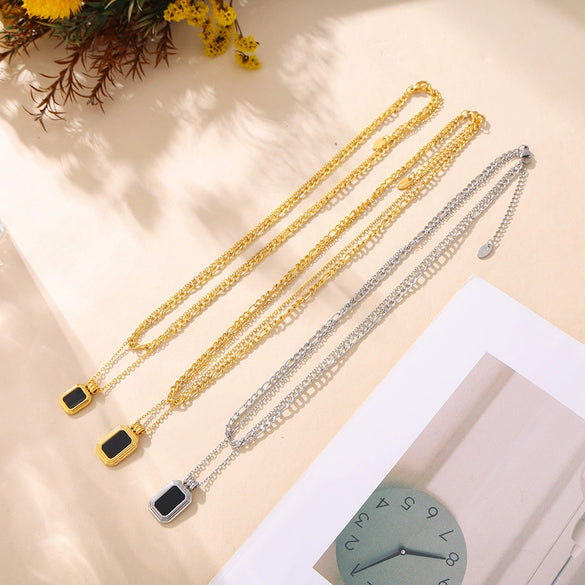 Wholesale Geometric Square Acrylic Pendant Double Stacked Titanium Steel Necklace Electroplated For Women