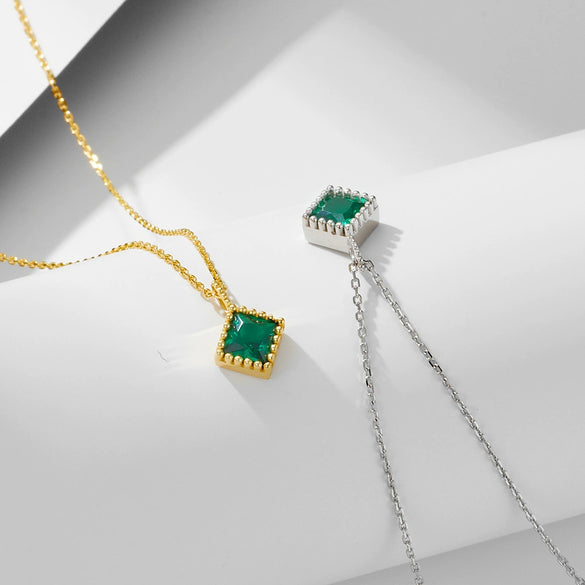 Wholesale Geometric Square Emerald Zircon Pendant Sterling Silver Necklace Set With Diamonds For Women