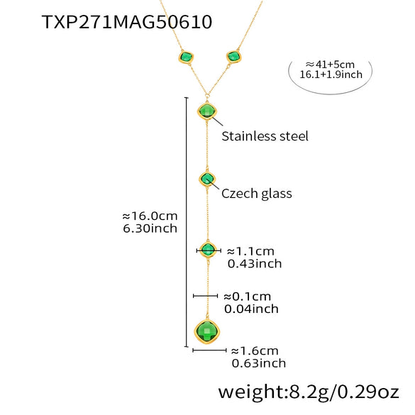 Wholesale Geometric Square Glass Long Tassel Clavicle Necklace 316L Stainless Steel Electroplated Jewelry For Women