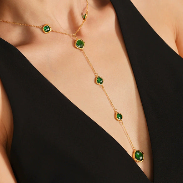 Wholesale Geometric Square Glass Long Tassel Clavicle Necklace 316L Stainless Steel Electroplated Jewelry For Women