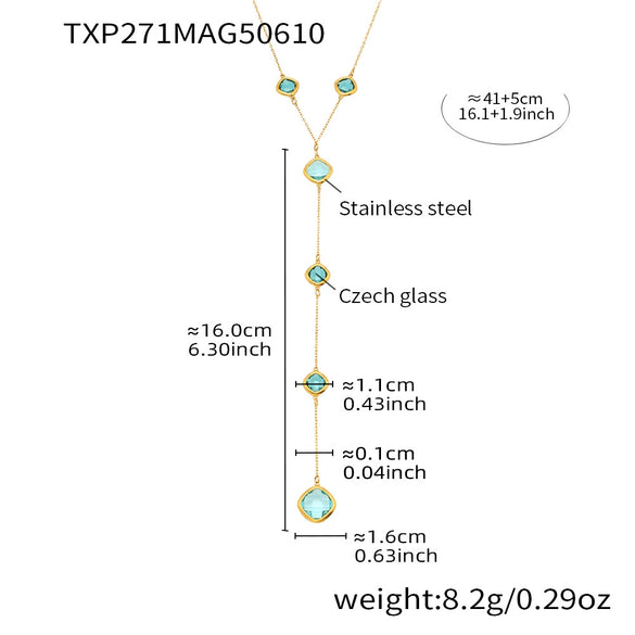 Wholesale Geometric Square Glass Long Tassel Clavicle Necklace 316L Stainless Steel Electroplated Jewelry For Women