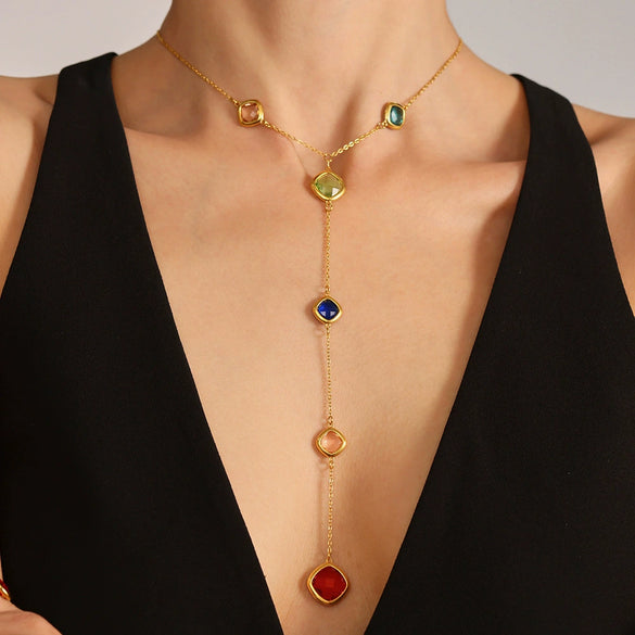 Wholesale Geometric Square Glass Long Tassel Clavicle Necklace 316L Stainless Steel Electroplated Jewelry For Women
