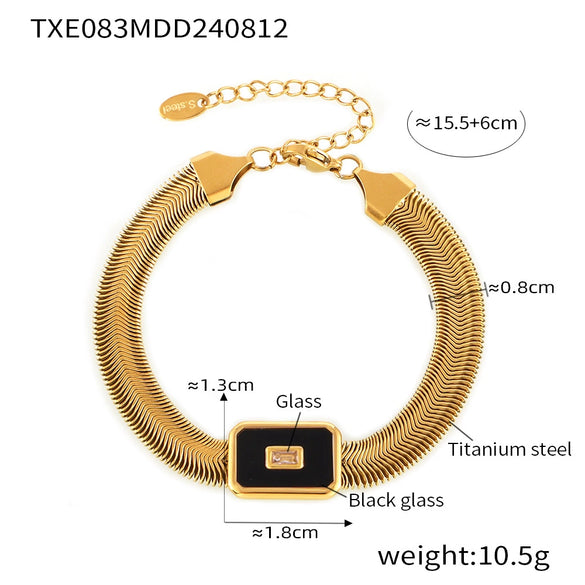 Wholesale Geometric Square Inlaid Colored Glass Stone Titanium Steel Bracelet Necklace With Electroplating Design