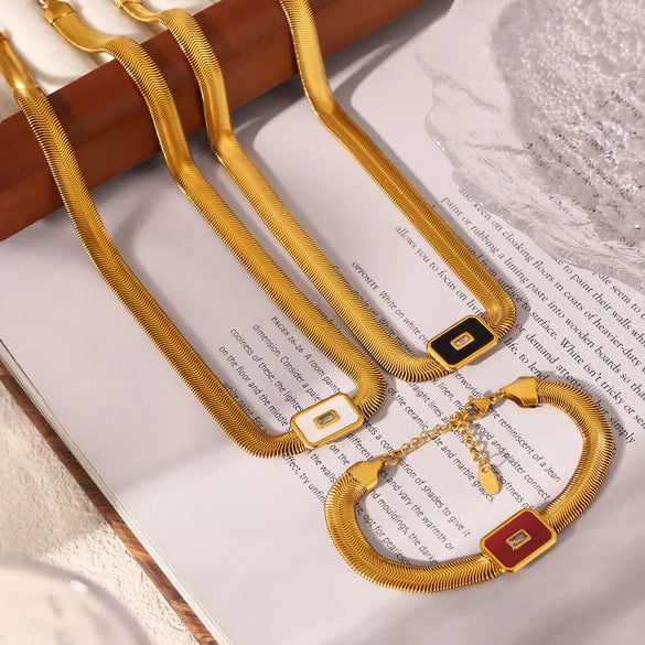 Wholesale Geometric Square Inlaid Colored Glass Stone Titanium Steel Bracelet Necklace With Electroplating Design