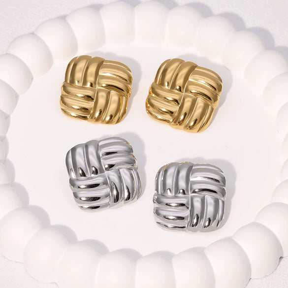 Wholesale Geometric Square Woven Stainless Steel Stud Earrings For Women With Electroplating Treatment