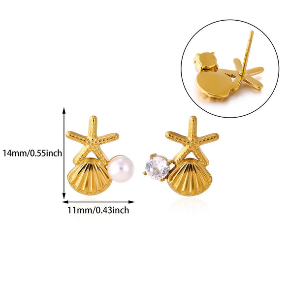 Wholesale Geometric Stainless Steel And Gold Electroplated Unisex Starfish Shell Earrings With Imitation Pearl And Zircon