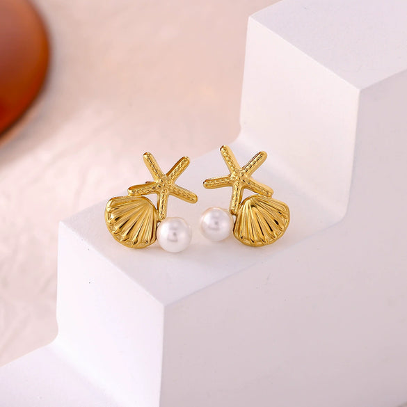 Wholesale Geometric Stainless Steel And Gold Electroplated Unisex Starfish Shell Earrings With Imitation Pearl And Zircon