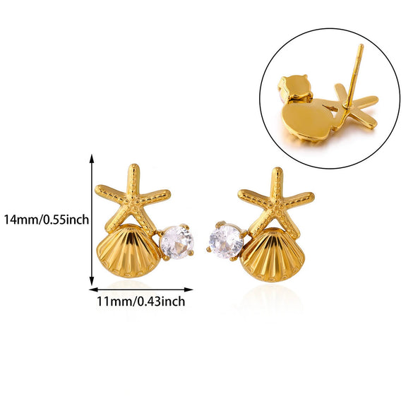 Wholesale Geometric Stainless Steel And Gold Electroplated Unisex Starfish Shell Earrings With Imitation Pearl And Zircon
