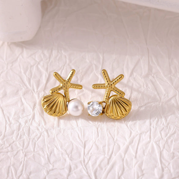 Wholesale Geometric Stainless Steel And Gold Electroplated Unisex Starfish Shell Earrings With Imitation Pearl And Zircon