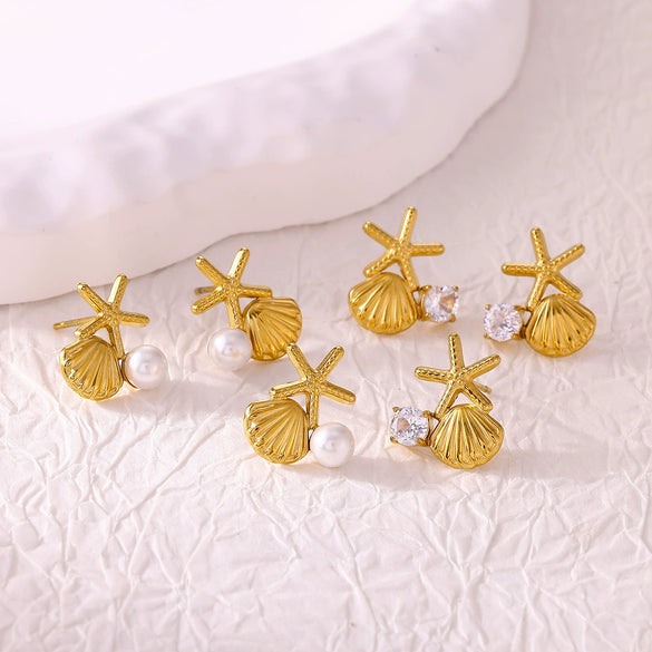 Wholesale Geometric Stainless Steel And Gold Electroplated Unisex Starfish Shell Earrings With Imitation Pearl And Zircon