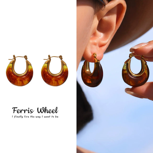 Wholesale Geometric Stainless Steel And Resin Electroplated Ushaped Ferris Wheel Earrings For Women