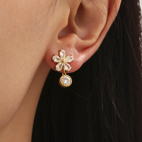 Wholesale Geometric Stainless Steel And Zircon Electroplated Five Leaf Flower Water Drop Ferris Wheel Earrings For Women