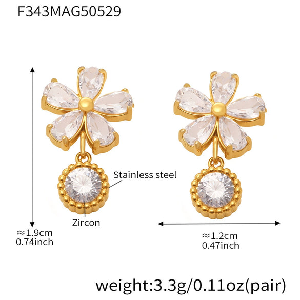 Wholesale Geometric Stainless Steel And Zircon Electroplated Five Leaf Flower Water Drop Ferris Wheel Earrings For Women