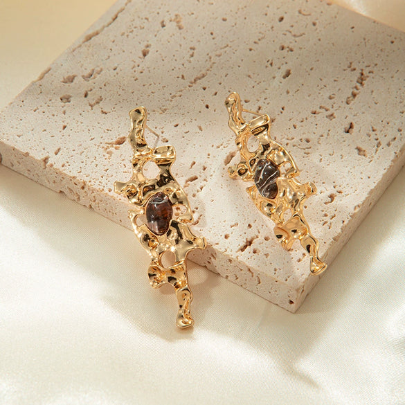 Wholesale Geometric Stainless Steel Antique Style Irregular Metal Alloy Opal Ear Studs Earrings With Electroplating