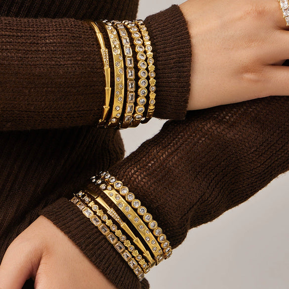 Wholesale Geometric Stainless Steel Bracelet Set With 5A Round Zirconia And Full Diamond Inlay 18K Gold Plated
