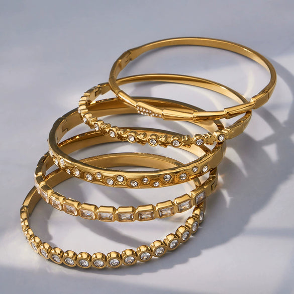 Wholesale Geometric Stainless Steel Bracelet Set With 5A Round Zirconia And Full Diamond Inlay 18K Gold Plated