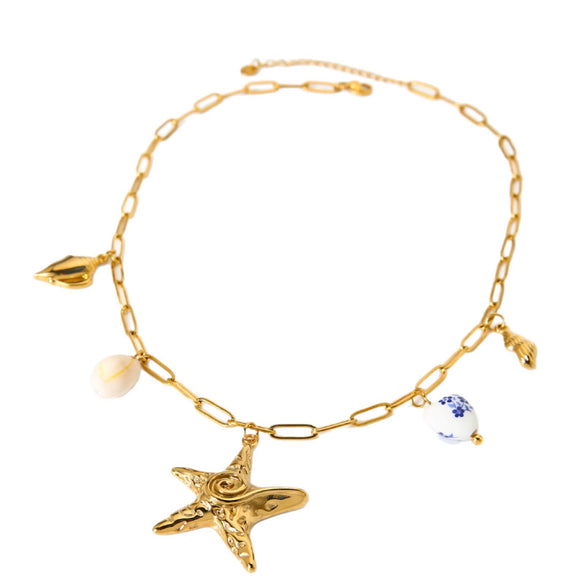 Wholesale Geometric Stainless Steel Conch And Starfish Pendant Cross Chain Necklace 18K Goldplated For Women