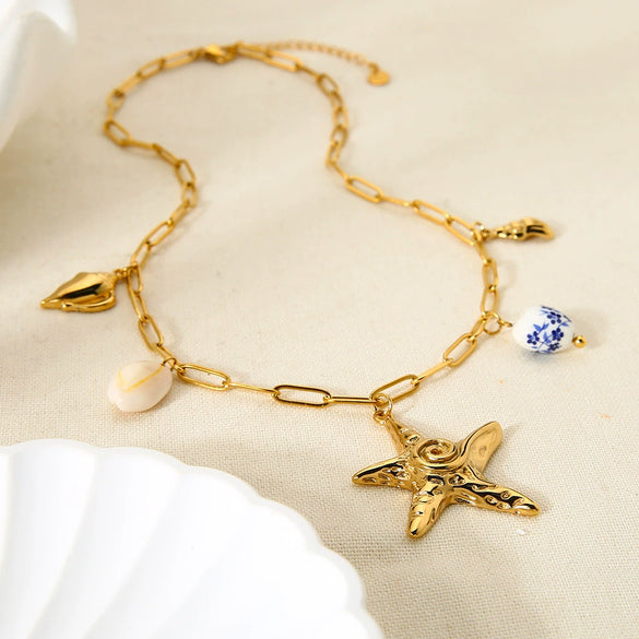 Wholesale Geometric Stainless Steel Conch And Starfish Pendant Cross Chain Necklace 18K Goldplated For Women