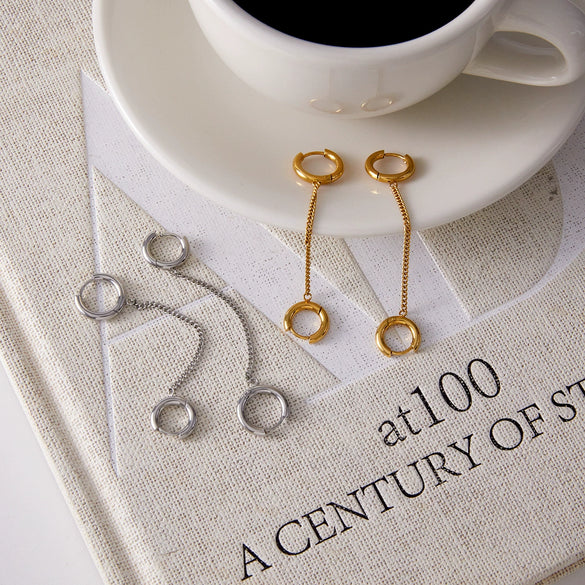 Wholesale Geometric Stainless Steel Electroplated Double Ring Tassel Ear Clips Jewelry For Women