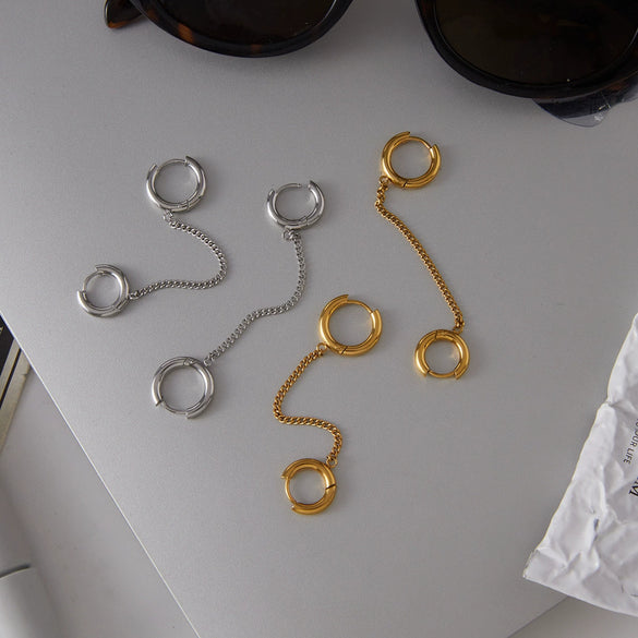 Wholesale Geometric Stainless Steel Electroplated Double Ring Tassel Ear Clips Jewelry For Women