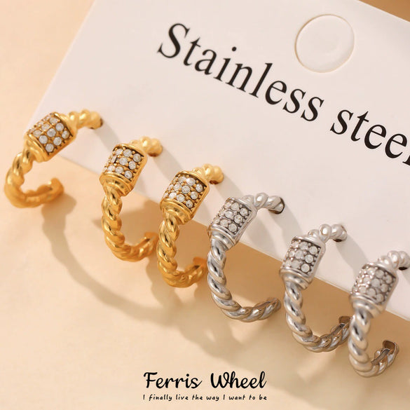 Wholesale Geometric Stainless Steel Electroplated Ferris Wheel Twist Cshaped Zircon Earrings For Women
