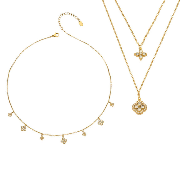 Wholesale Geometric Stainless Steel Electroplated Four Leaf Flower Pendant Layered Clavicle Chain Necklace Set For Women Unisex Adults Couples And Best Friends