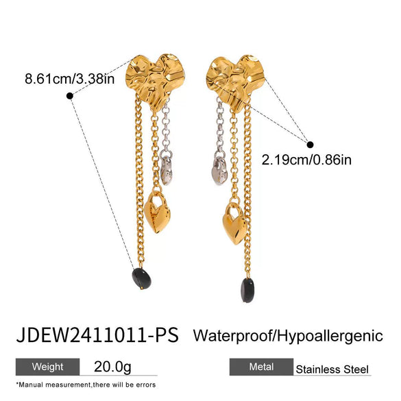 Wholesale Geometric Stainless Steel Electroplated Hammered Love Tassel Obsidian Earrings Jewelry In Gold And Silver Color Matching